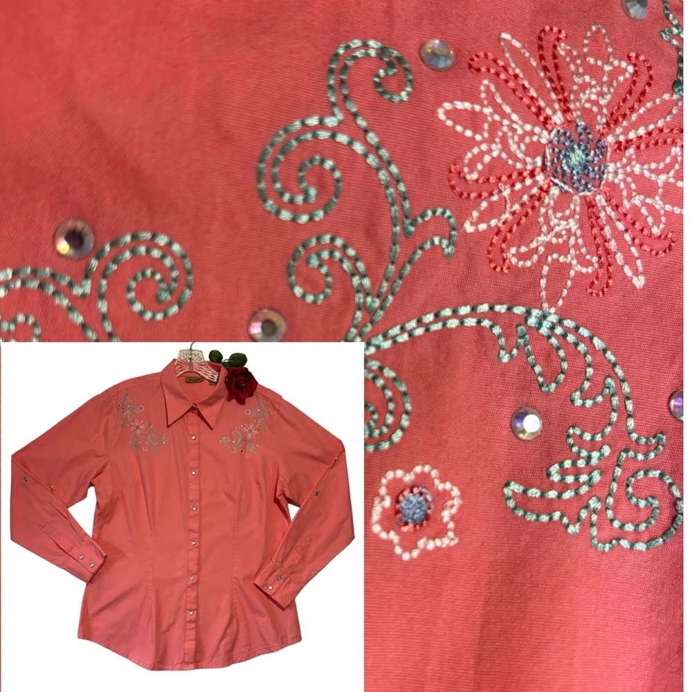 Wrangler Rockabilly Long Sleeve Pearl Snaps tab sleeves peachy coral LG …
